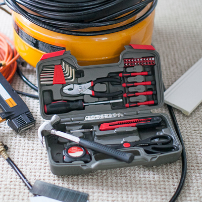 APOLLO® Precision Tools 39-Piece General Tool Set - Take care of most household repairs with this convenient 30-piece tool set.  All tools are heat treated and chrome plated and come in a handy case.  Set includes 6" slip joint pliers, 8 oz. claw hammer, Bit Driver with bits, 18mm Utility Knife plus more.